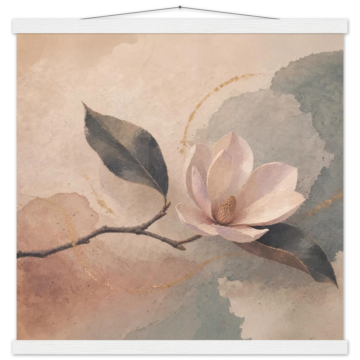 Magnolia Reverie: botanical, sage and japandi. Fine art poster with wooden hanger by The Light Stays.