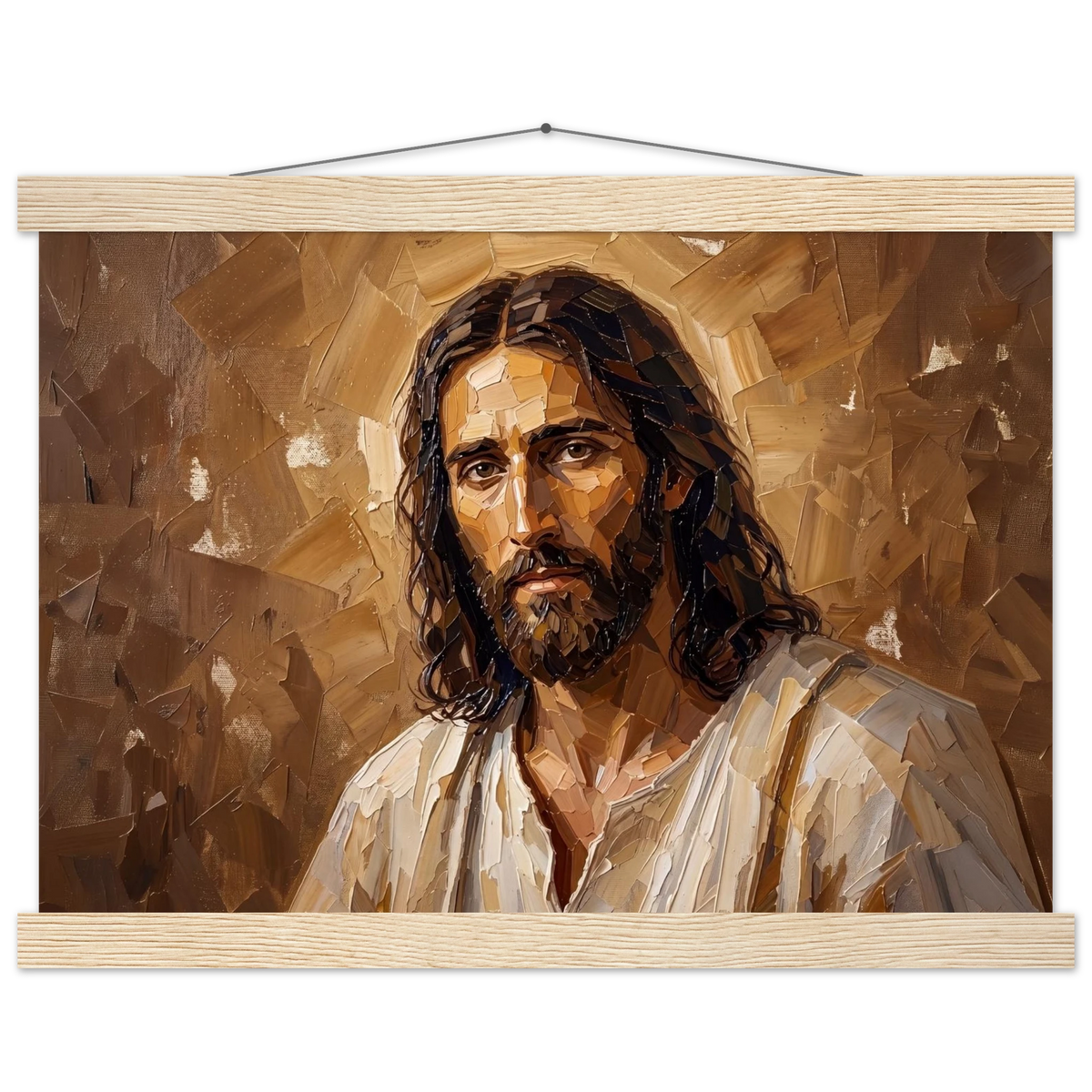 Kind Eyes: jesus, faith and serene gaze. Fine art poster with wooden hanger by The Light Stays.