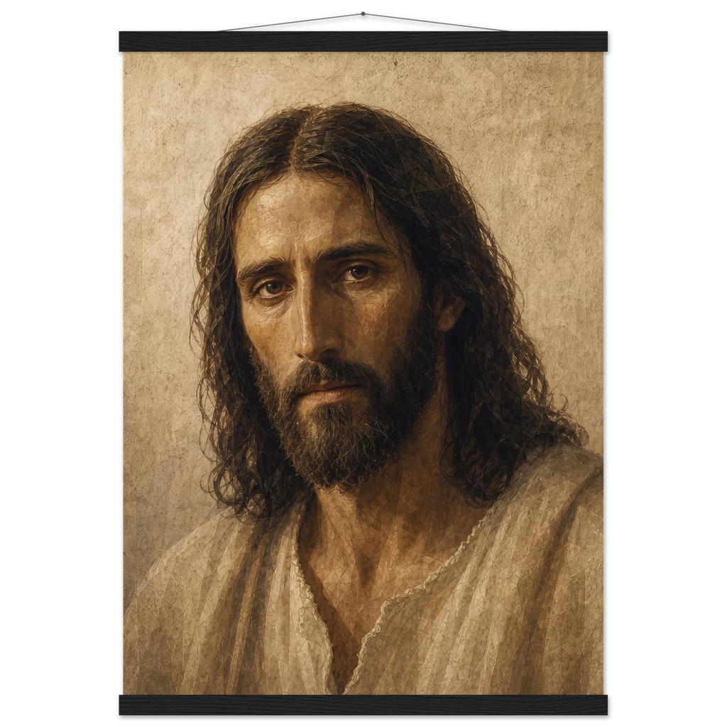 Pôster Kind Eyes com suporte de madeira, retrato sereno de Jesus em luz quente