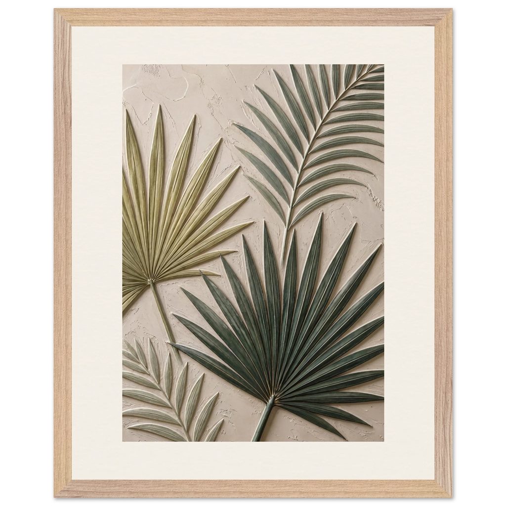 Carved Fronds: impasto, leaves and sand tones. Framed fine art print, alternate frame and size.