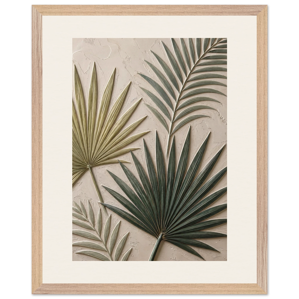 Carved Fronds: impasto, leaves and sand tones. Framed fine art print, alternate frame and size.