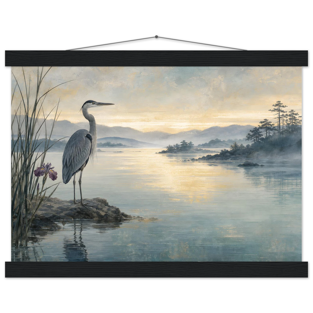 Heron at Dawn, japanese art and japandi. Archival fine art poster shown framed.