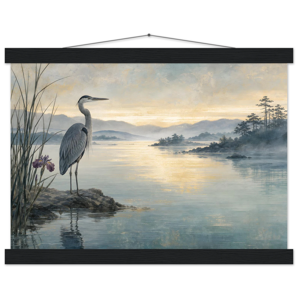Heron at Dawn, japanese art and japandi. Archival fine art poster shown framed.