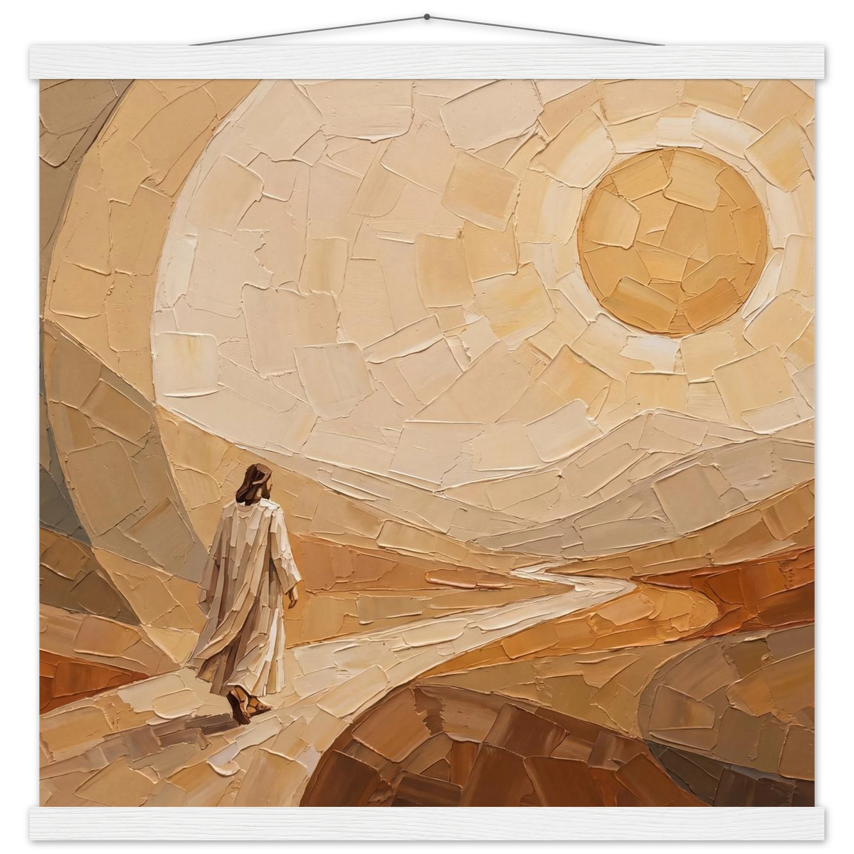 Lightfall: jesus, landscape and golden tones. Fine art poster with wooden hanger by The Light Stays.