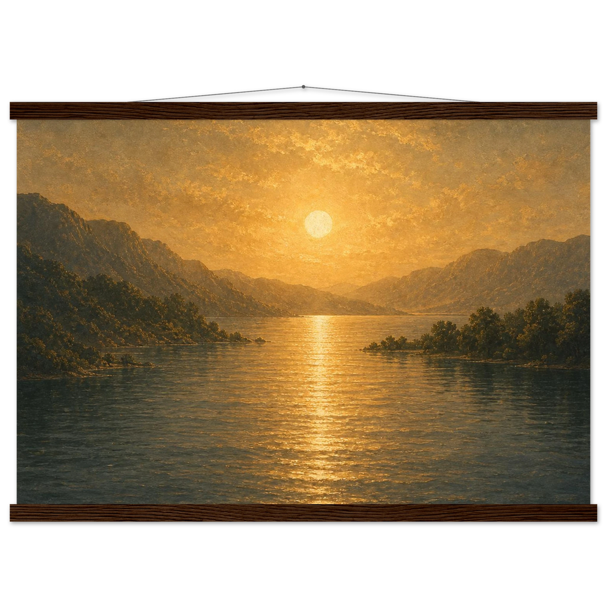 Golden Reflection: lake, sunset and mountains. Fine art poster with wooden hanger by The Light Stays.