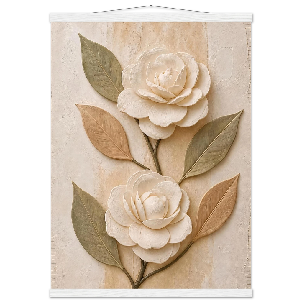 Carved Camellia: flowers and botanical. Fine art poster, alternate frame and size.