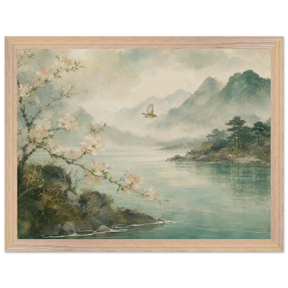 Celadon Flight: birds, japanese landscape and japandi. Framed fine art print by The Light Stays.