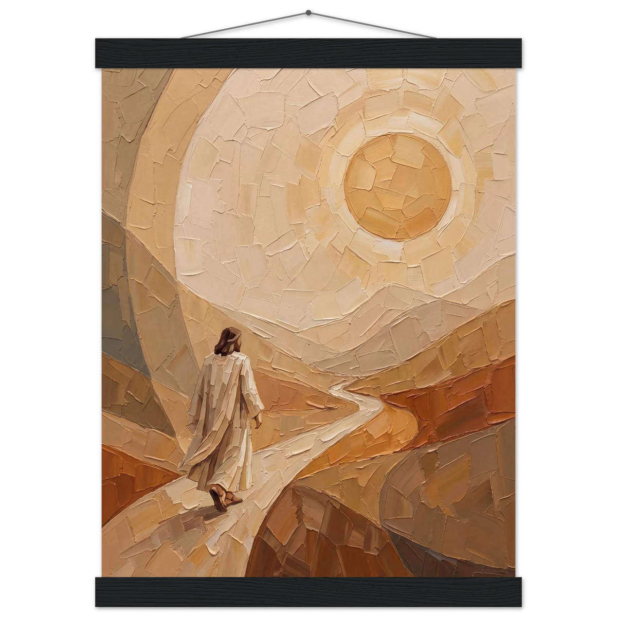 Lightfall: jesus, landscape and golden tones. Fine art poster with wooden hanger by The Light Stays.
