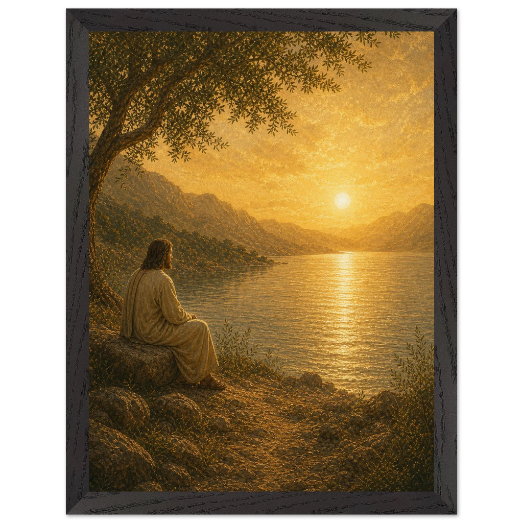 Quadro cristão Bênção do Lago, Jesus sob uma oliveira diante de um lago dourado