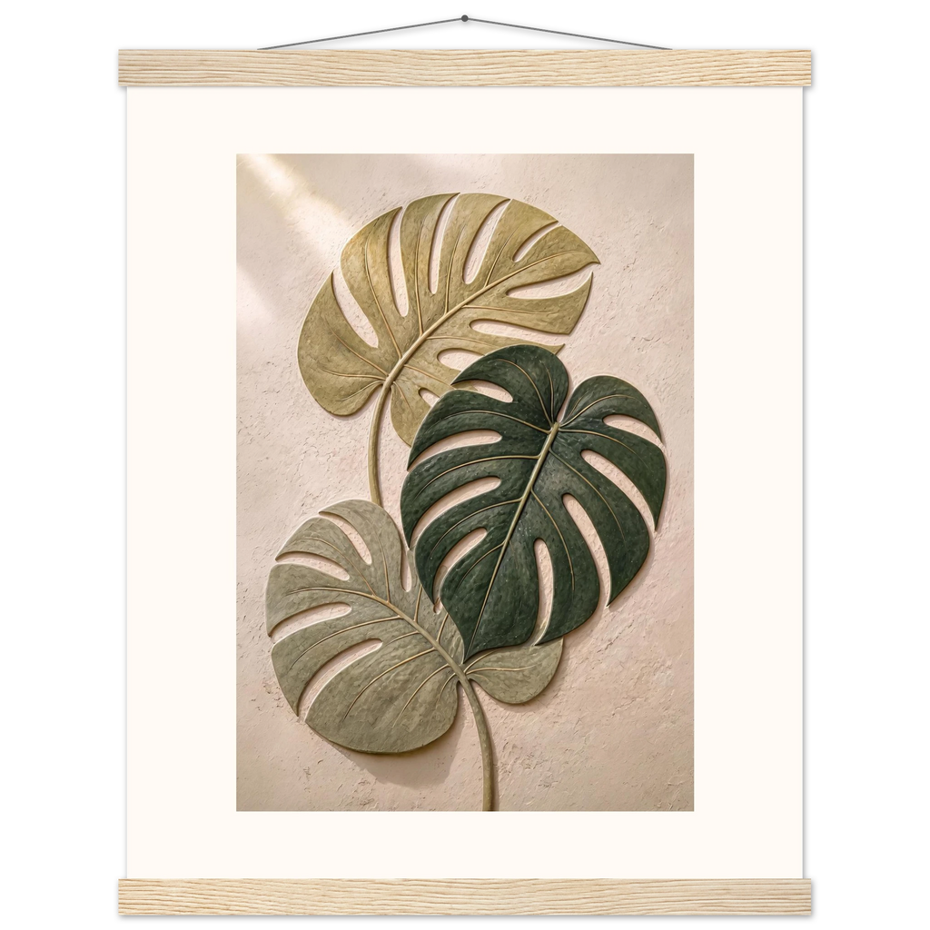 Stone Monstera, botanical and nature. Archival fine art poster shown framed.