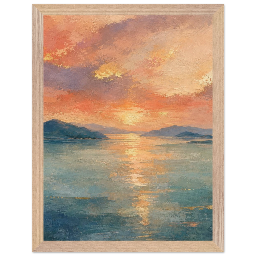 Setouchi Peach Dawn, riviera and japandi. Archival framed fine art print shown framed.