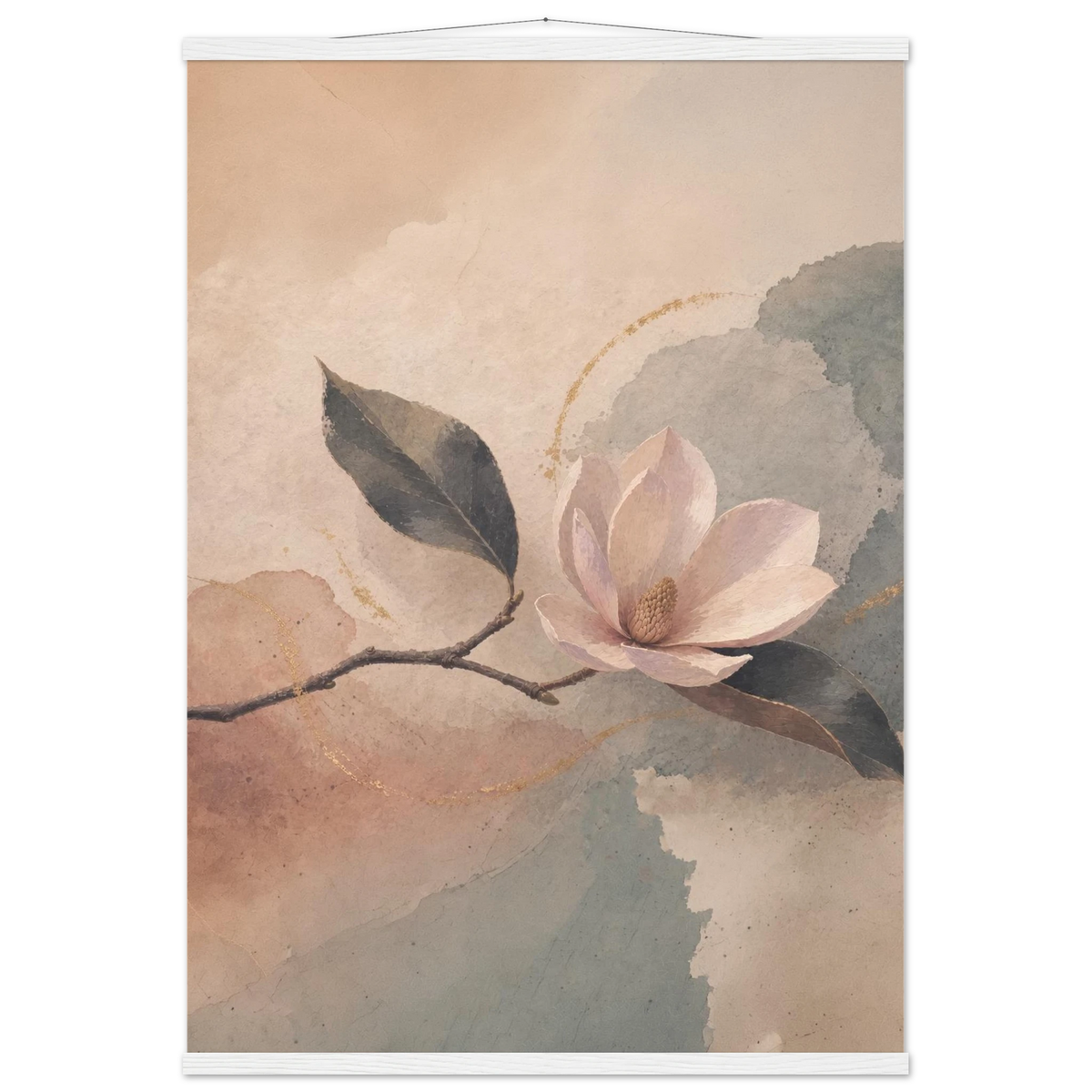 Magnolia Reverie: botanical, sage and japandi. Fine art poster with wooden hanger by The Light Stays.