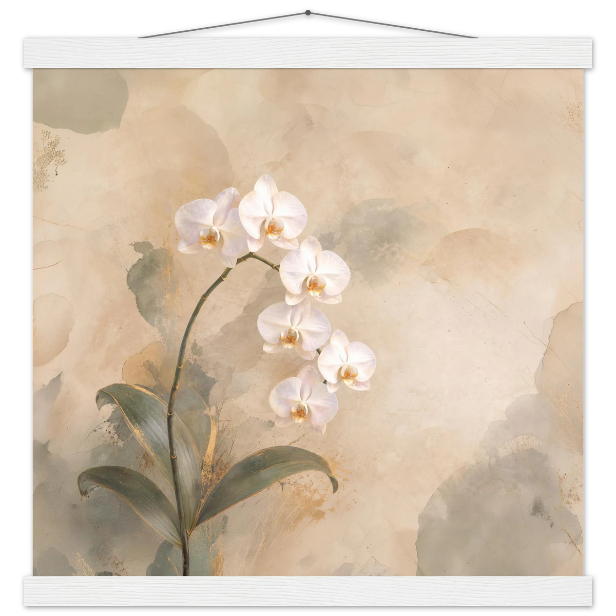 Orchid Luminance: botanical, pale gold and floral art. Fine art poster with wooden hanger by The Light Stays.