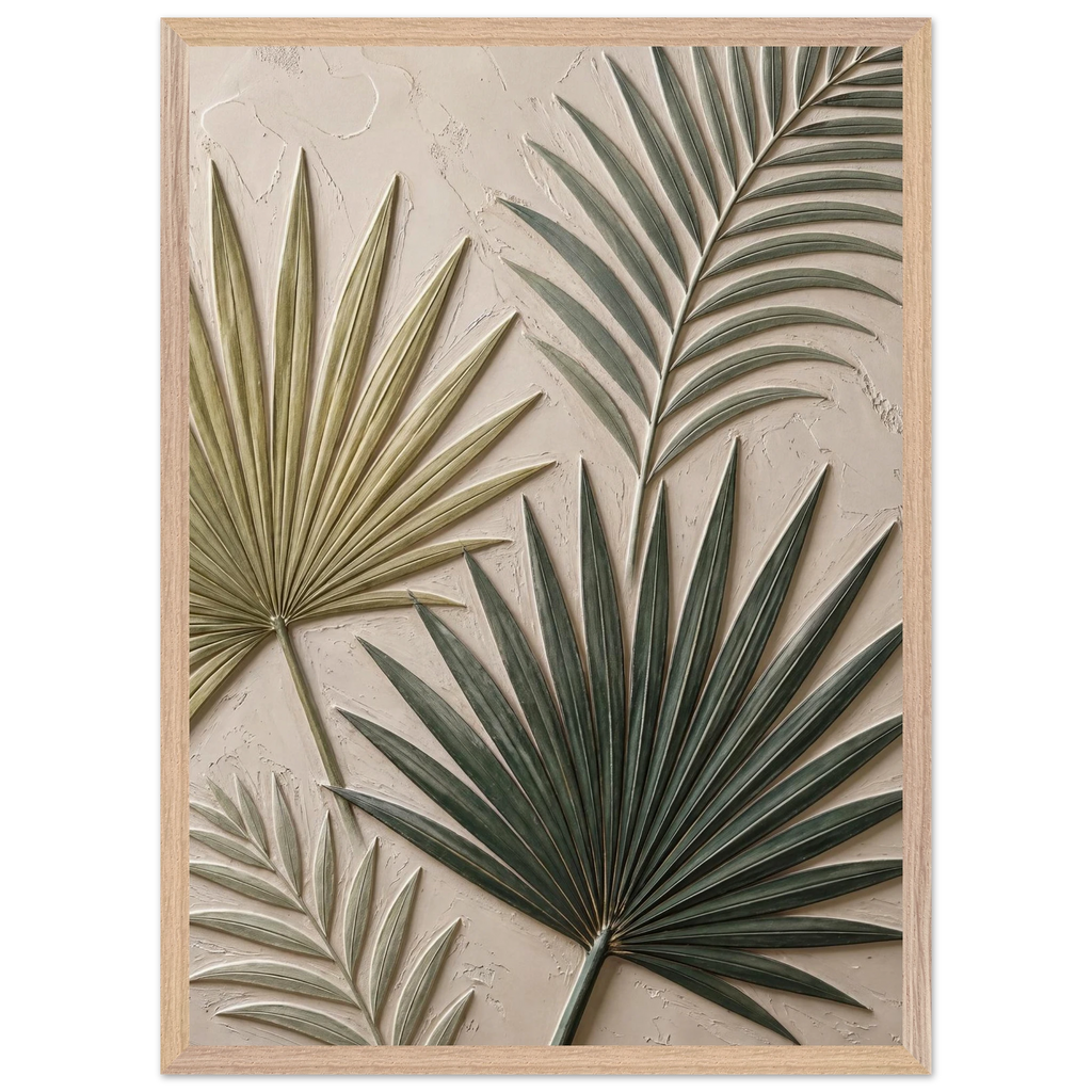 Carved Fronds: impasto, leaves and sand tones. Framed fine art print by The Light Stays.