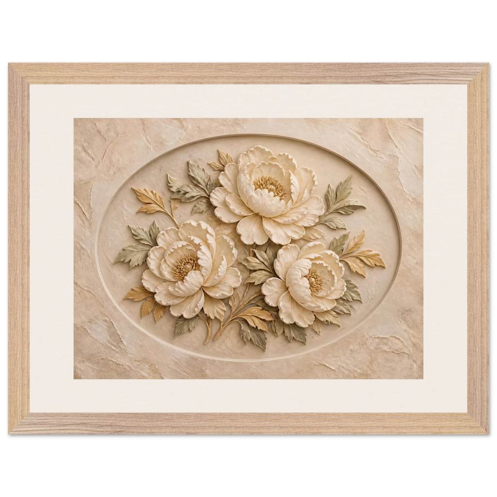 Peonies in Stone, flowers and botanical. Archival framed fine art print shown framed.