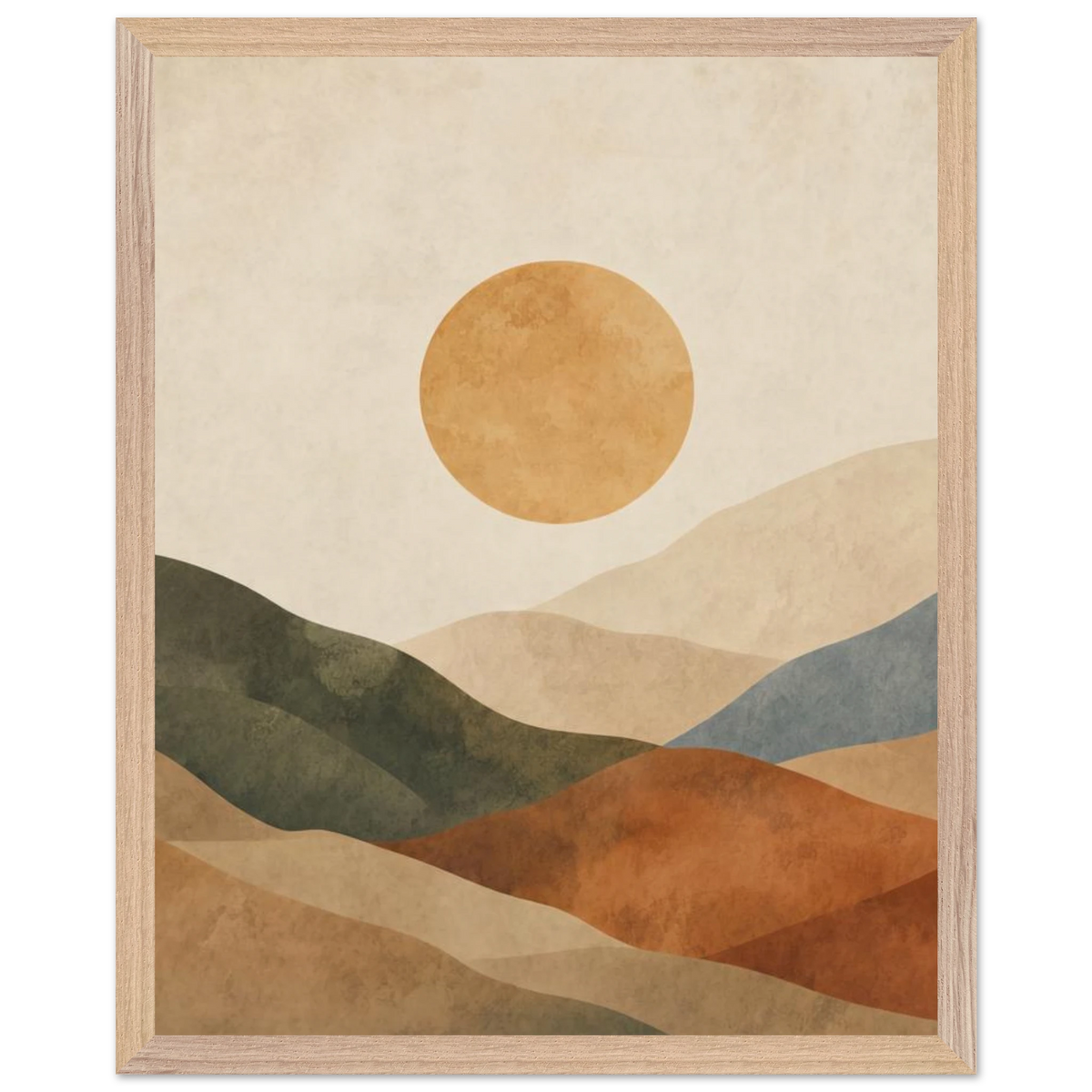Kindled Earth: sun, hills and ochre palette. Framed fine art print by The Light Stays.
