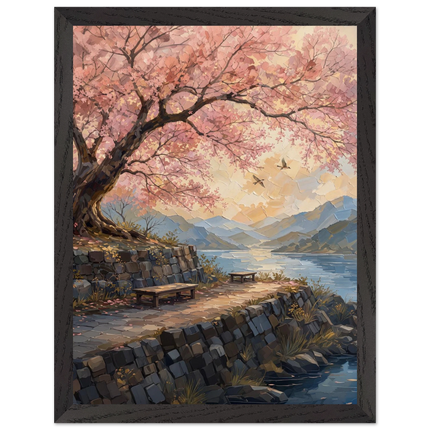 Cherry Blossom Lake: japanese art, sunset and japandi. Framed fine art print by The Light Stays.