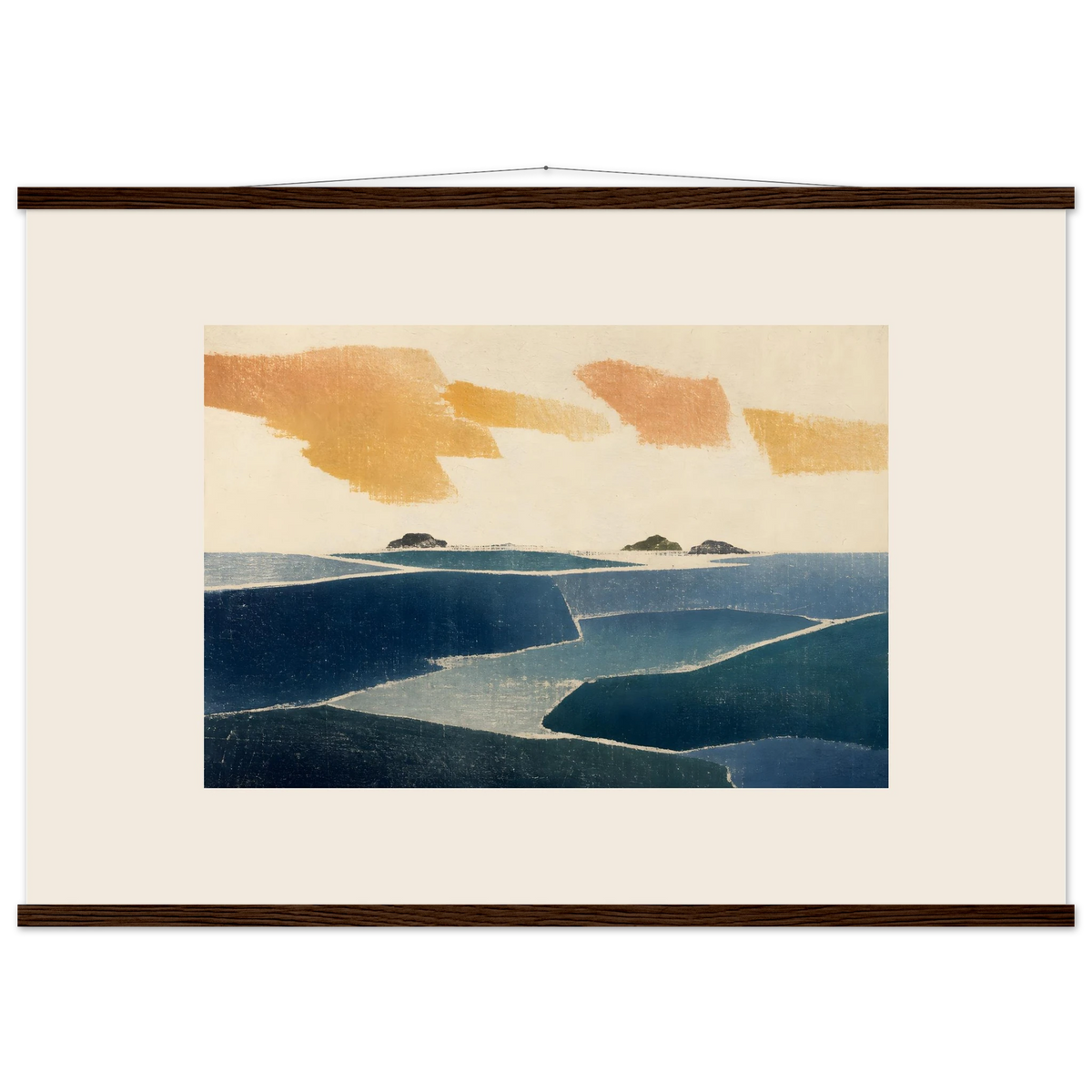 Amber and Indigo, abstract, coastline and color field. Archival fine art poster shown framed.