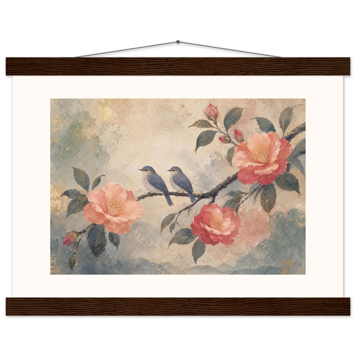 Camellia Birds: flowers and botanical. Fine art poster, alternate frame and size.
