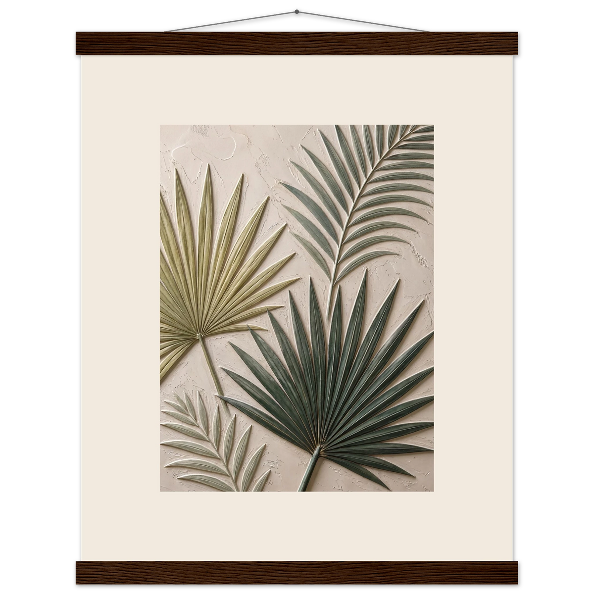 Carved Fronds: impasto, leaves and sand tones. Fine art poster, alternate frame and size.