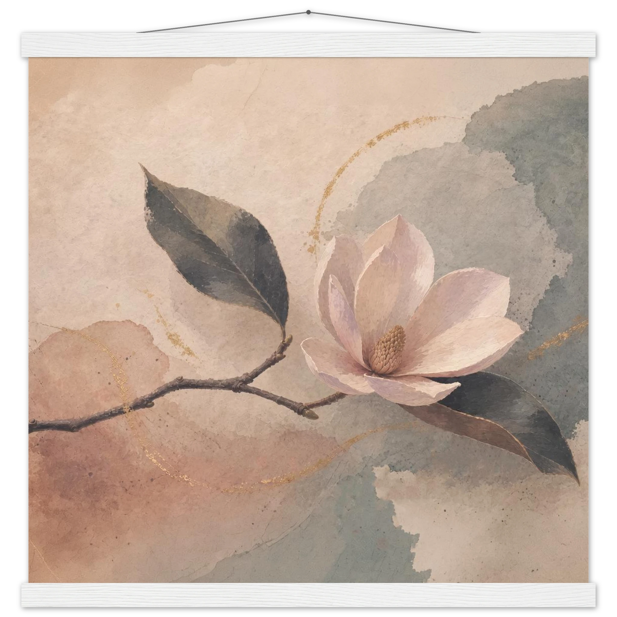 Magnolia Reverie: botanical, sage and japandi. Fine art poster with wooden hanger by The Light Stays.