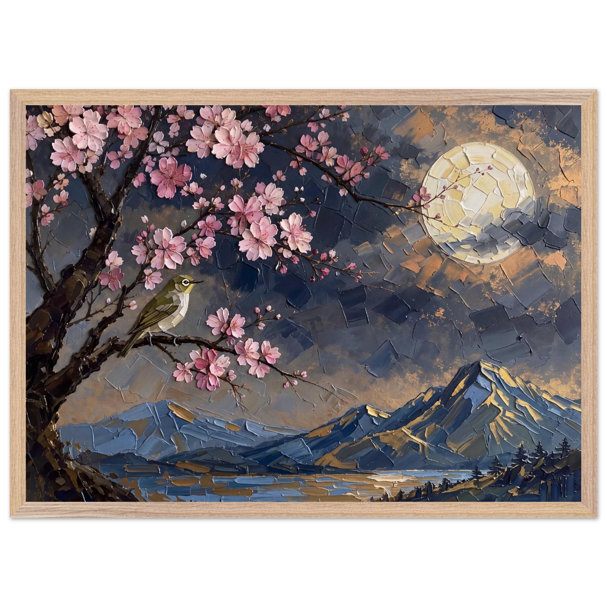 Blossom Moon: cherry blossom, japanese landscape and night. Framed fine art print by The Light Stays.