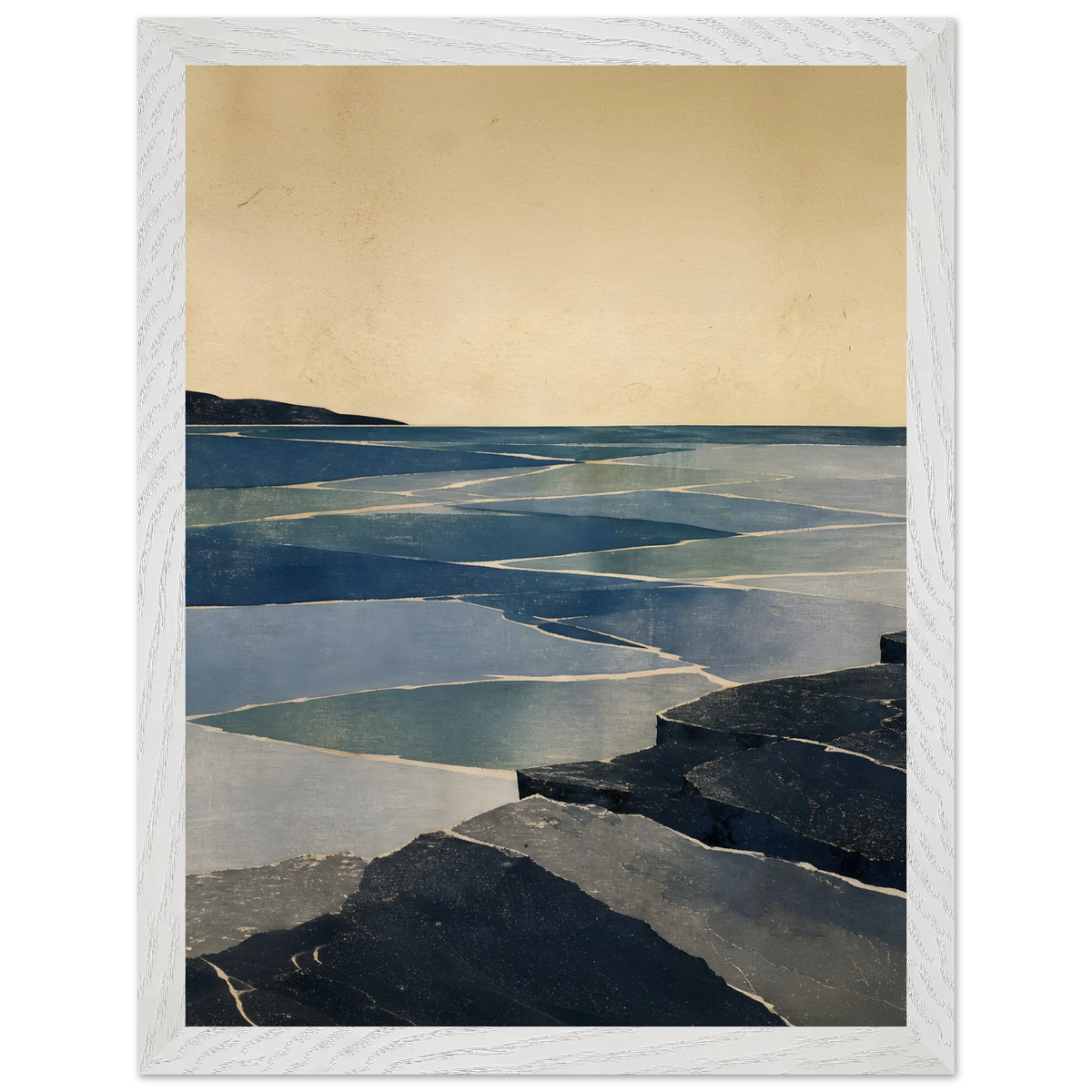 Indigo Tide: coastal landscape, jade water and japandi. Framed fine art print by The Light Stays.
