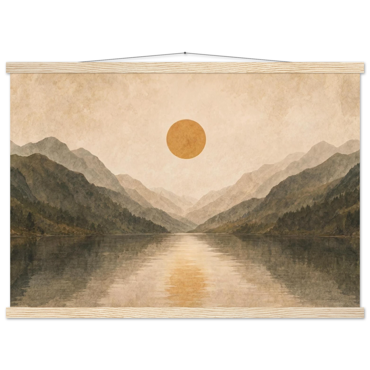Lake Mirror: mountains, sunset and sun reflection. Fine art poster with wooden hanger by The Light Stays.