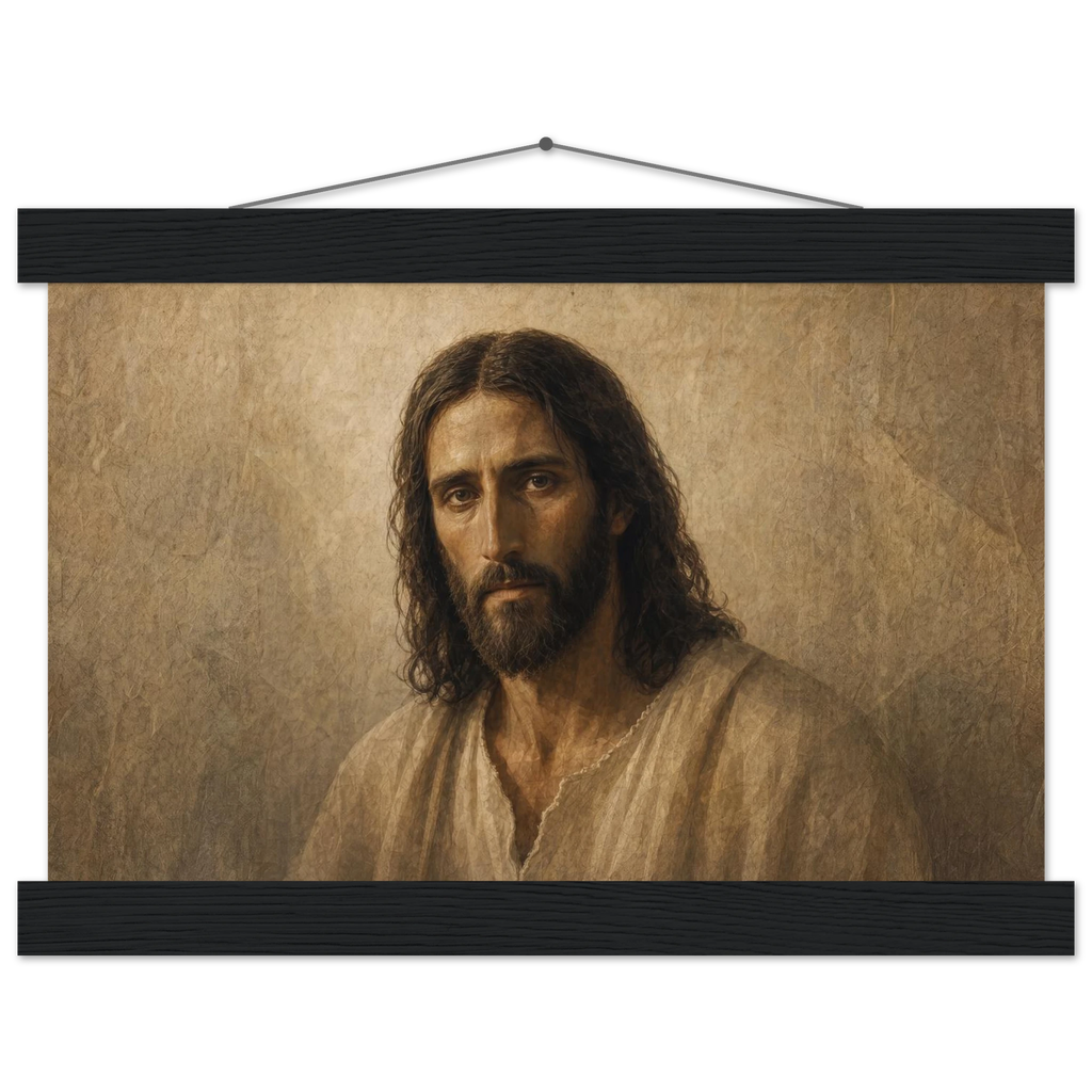 Pôster Kind Eyes com suporte de madeira, retrato sereno de Jesus em luz quente