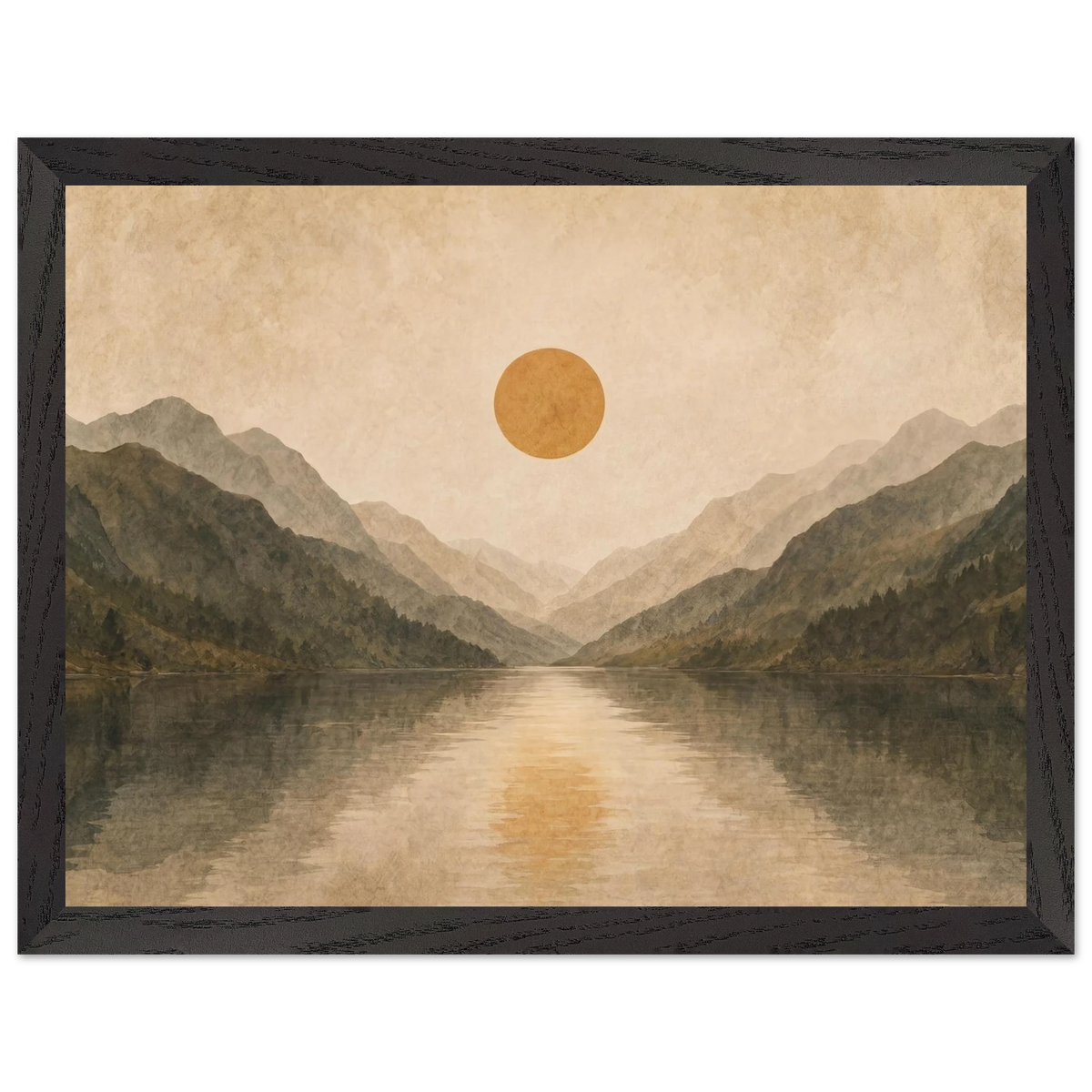 Lake Mirror: mountains, sunset and sun reflection. Framed fine art print by The Light Stays.