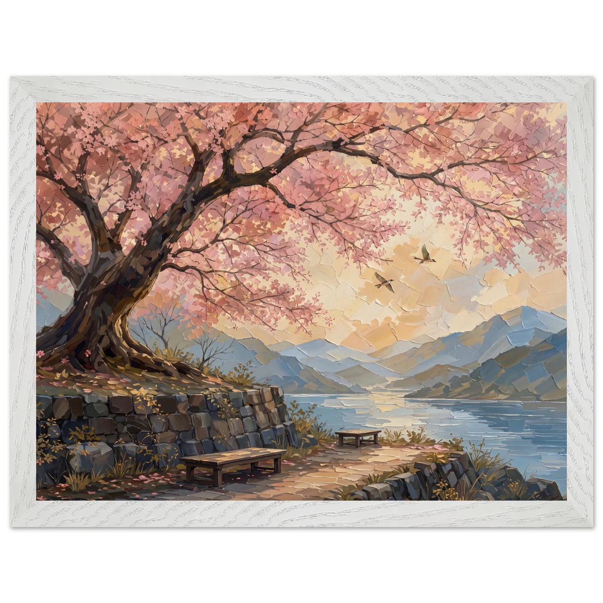 Cherry Blossom Lake: japanese art, sunset and japandi. Framed fine art print by The Light Stays.