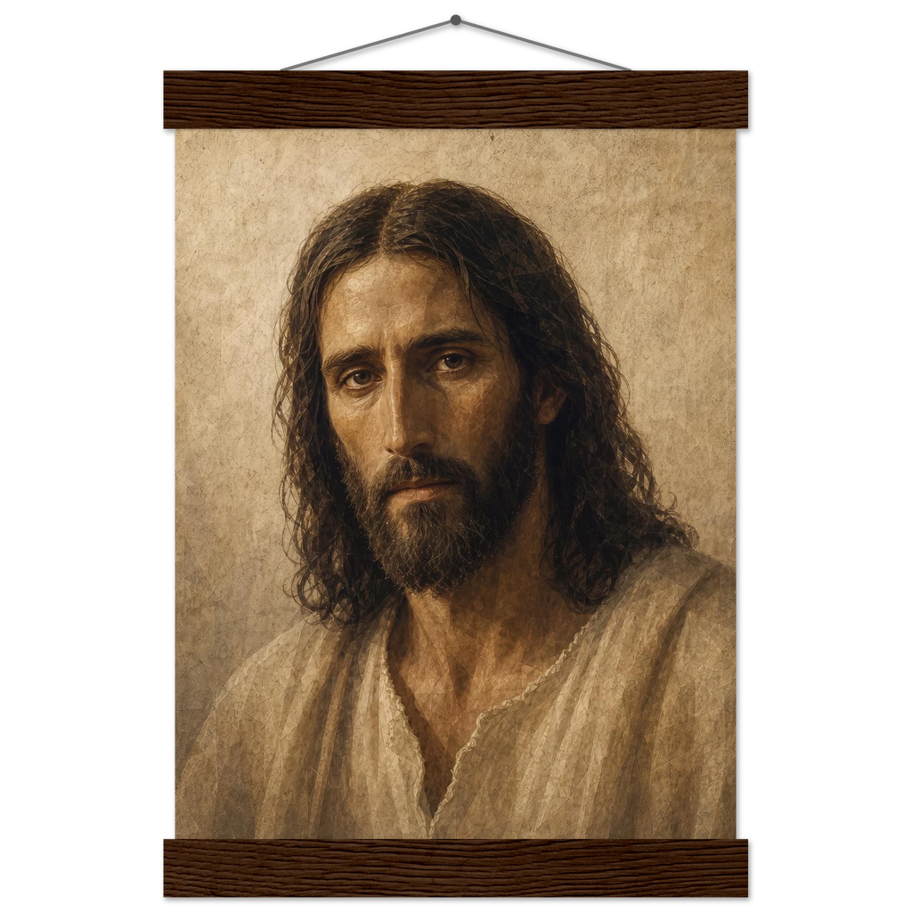 Pôster Kind Eyes com suporte de madeira, retrato sereno de Jesus em luz quente