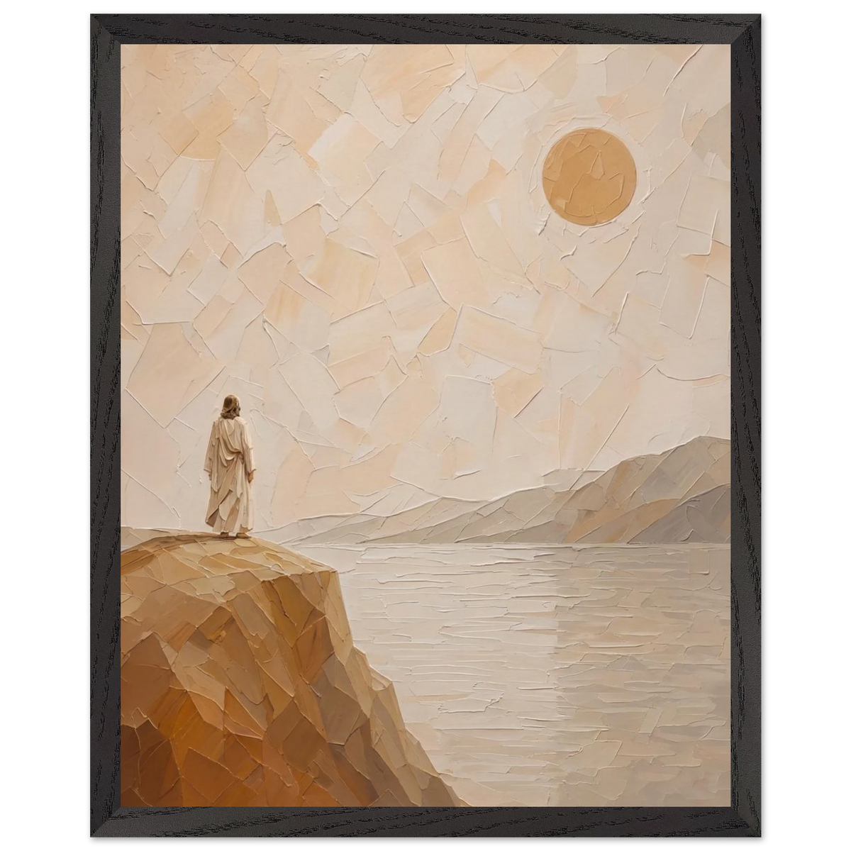 Salt Shore: jesus, cliff and sea. Framed fine art print by The Light Stays.