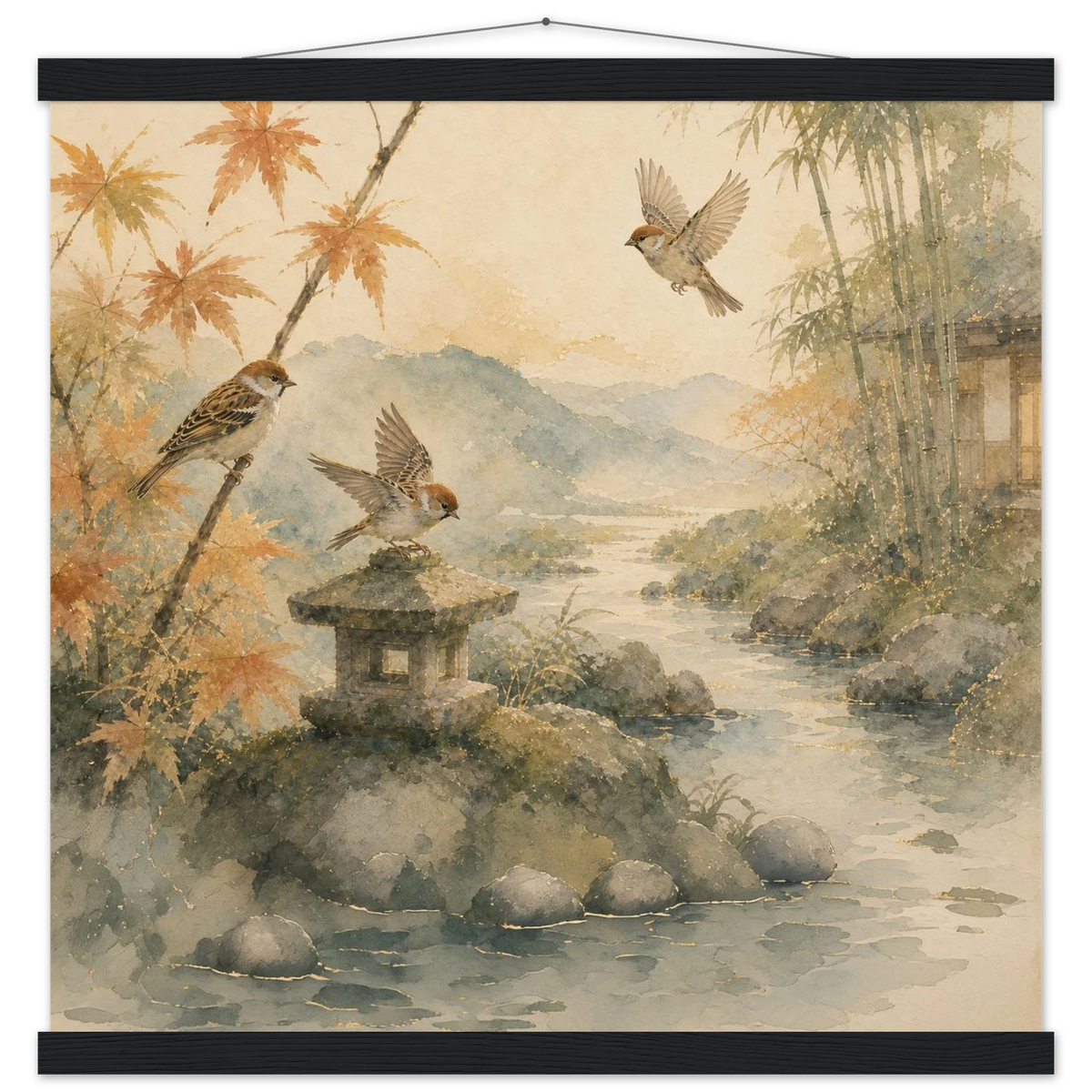 Three Birds Morning: birds, japanese landscape and japandi. Fine art poster with wooden hanger by The Light Stays.