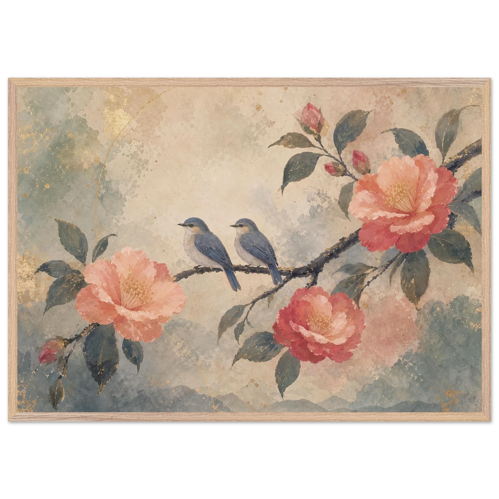 Camellia Birds: flowers and botanical. Museum-quality framed fine art print.
