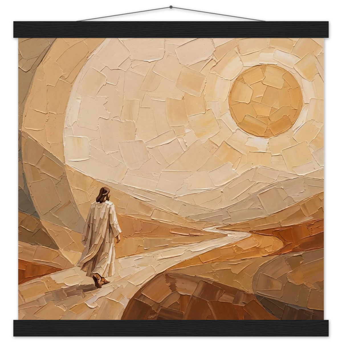 Lightfall: jesus, landscape and golden tones. Fine art poster with wooden hanger by The Light Stays.