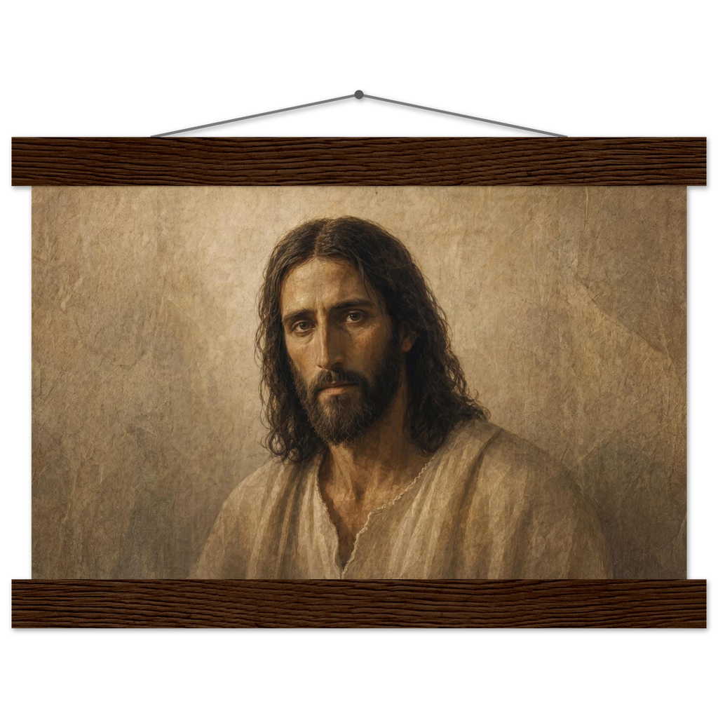 Pôster Kind Eyes com suporte de madeira, retrato sereno de Jesus em luz quente