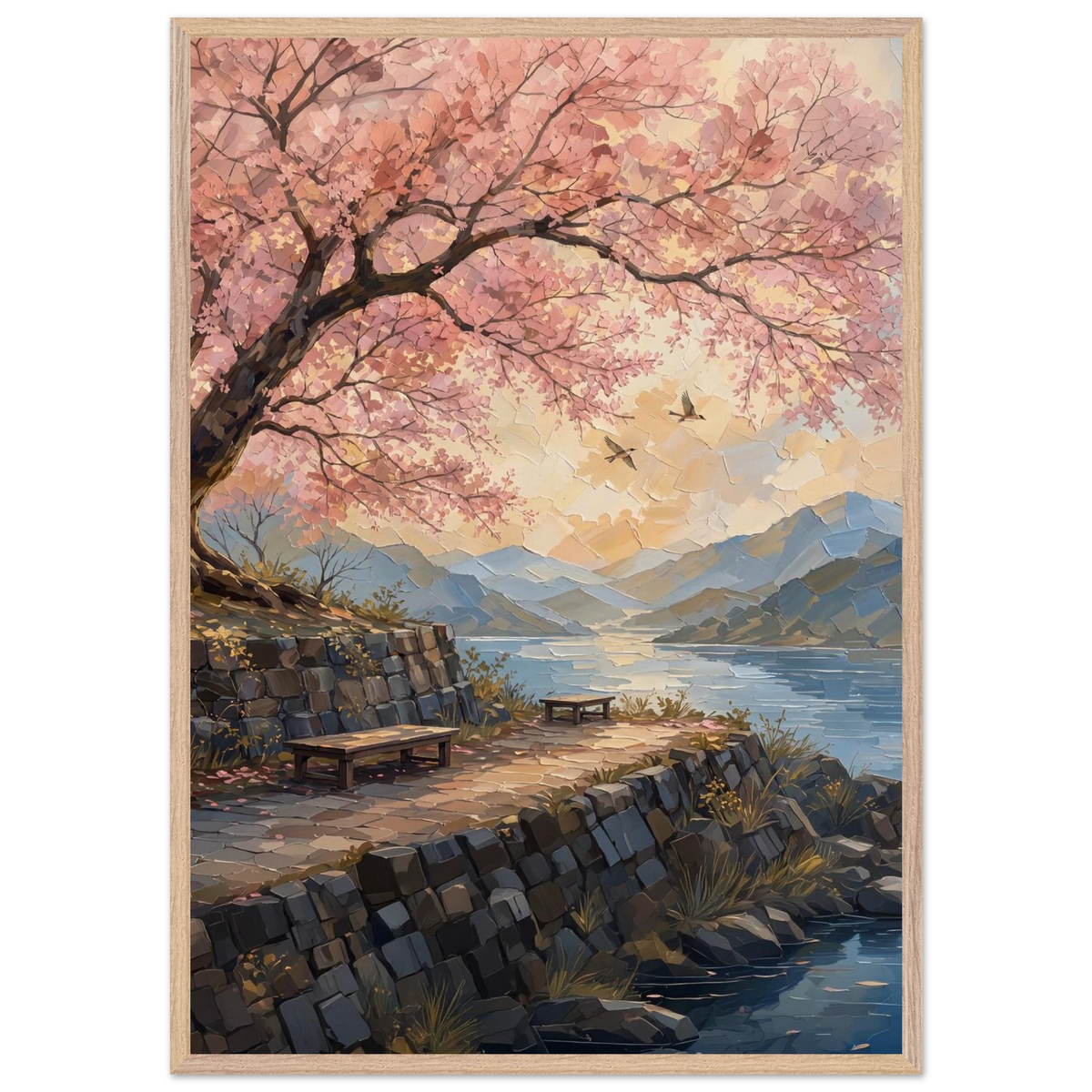 Cherry Blossom Lake: japanese art, sunset and japandi. Framed fine art print by The Light Stays.