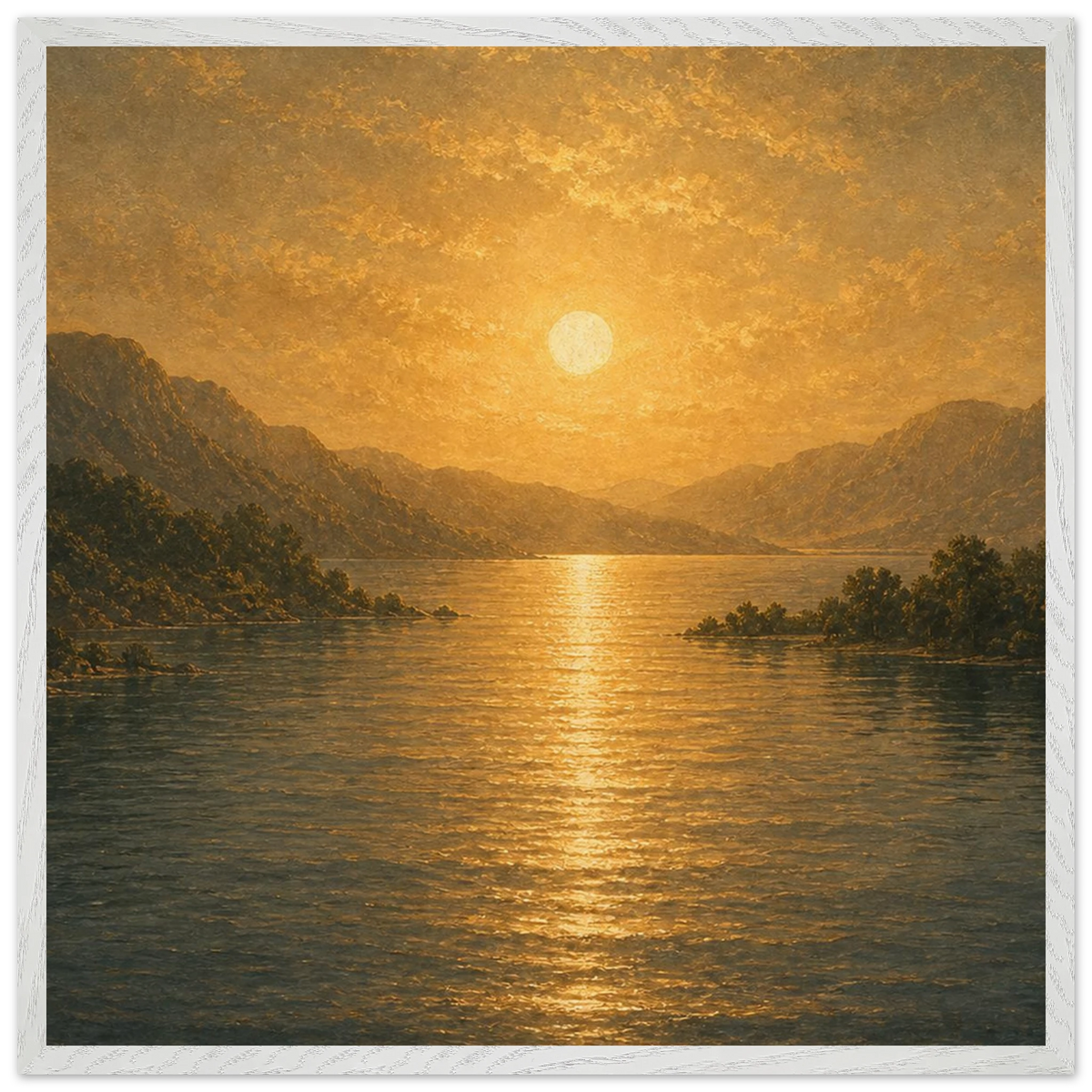 Golden Reflection: lake, sunset and mountains. Framed fine art print by The Light Stays.