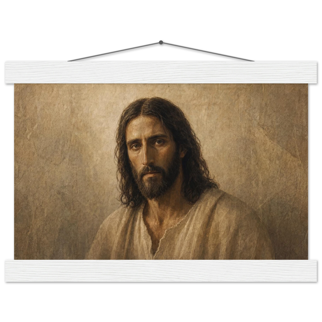Pôster Kind Eyes com suporte de madeira, retrato sereno de Jesus em luz quente