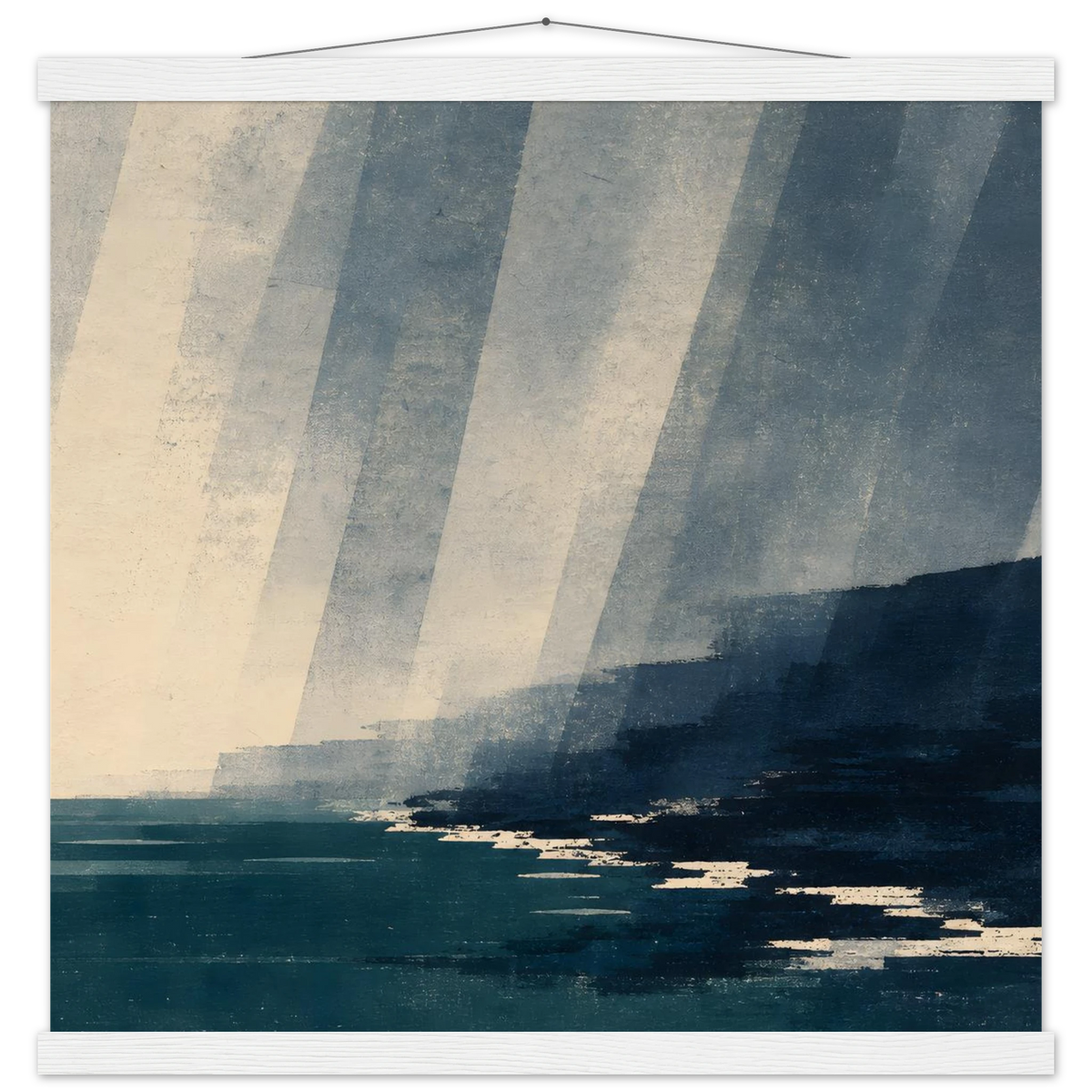 Rain Coast: japandi, teal blue and atmosphere. Fine art poster with wooden hanger by The Light Stays.