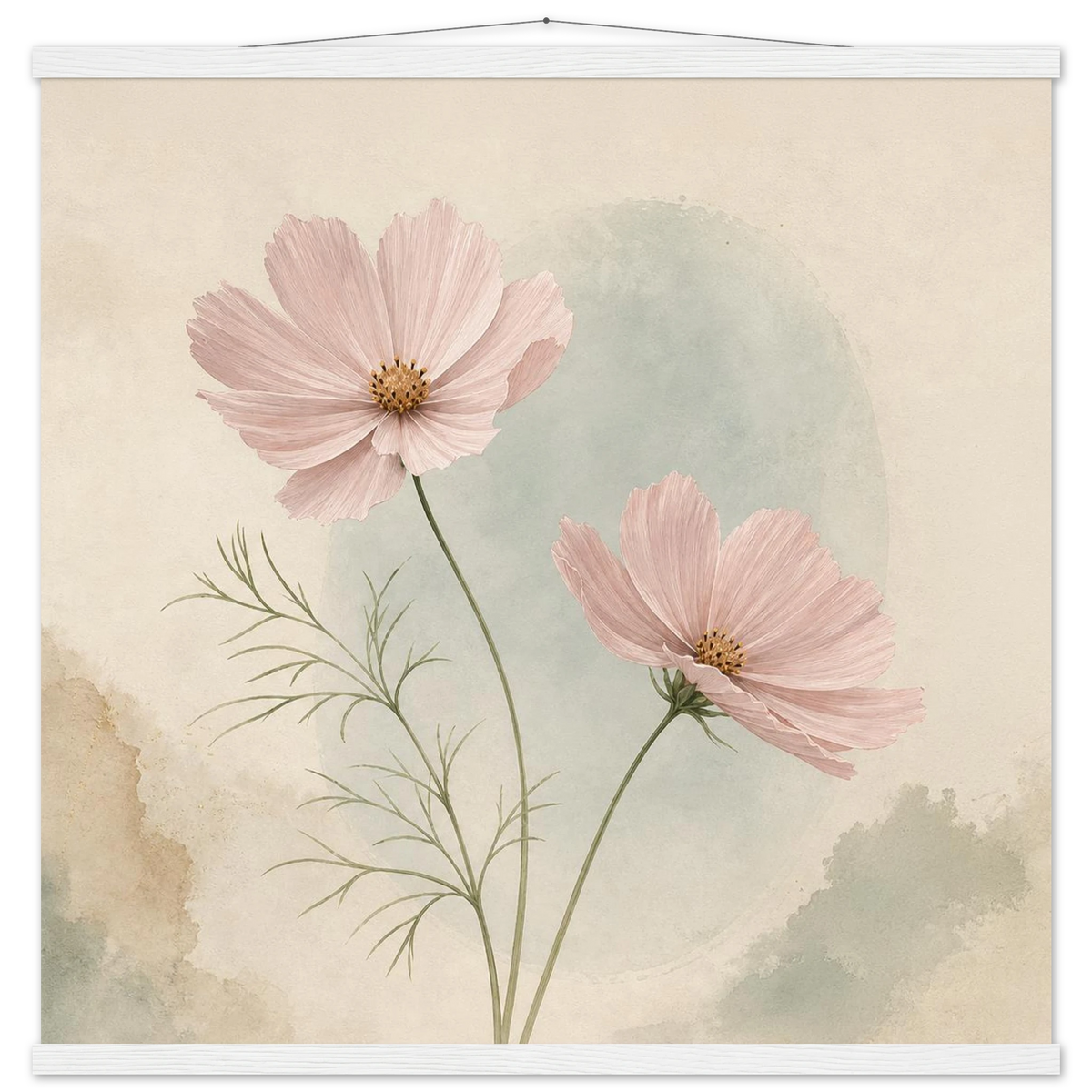 Cosmos Unison: flowers, blush and celadon. Fine art poster with wooden hanger by The Light Stays.