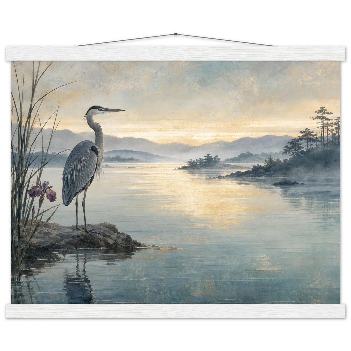 Heron at Dawn: japanese art and japandi. Museum-quality fine art poster.
