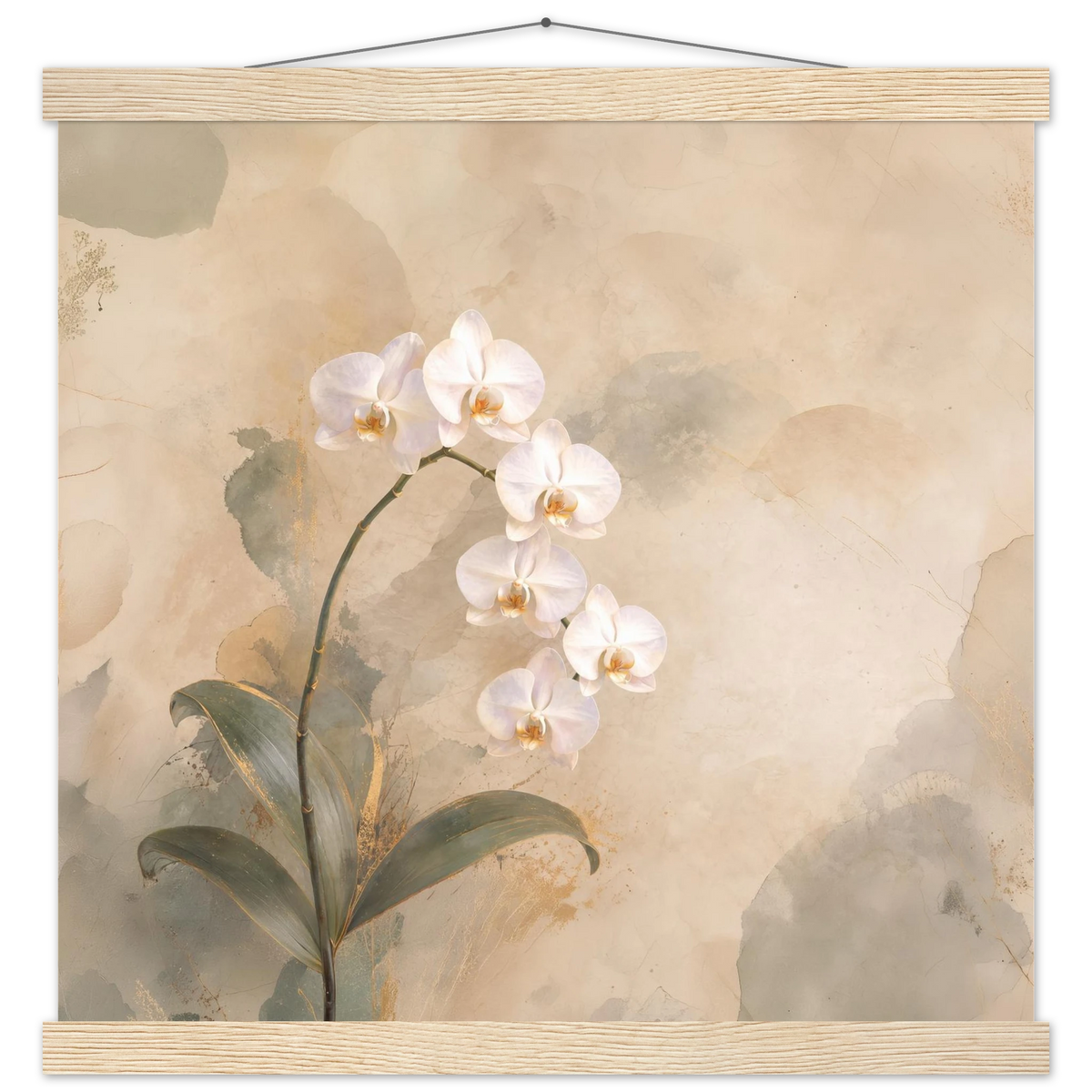 Orchid Luminance: botanical, pale gold and floral art. Fine art poster with wooden hanger by The Light Stays.
