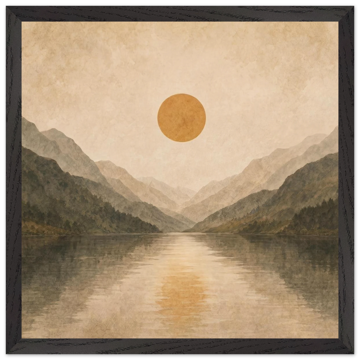 Lake Mirror: mountains, sunset and sun reflection. Framed fine art print by The Light Stays.