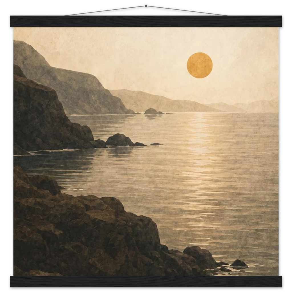 Pôster Amber Coast com suporte de madeira, pôr do sol em tons quentes sobre a costa