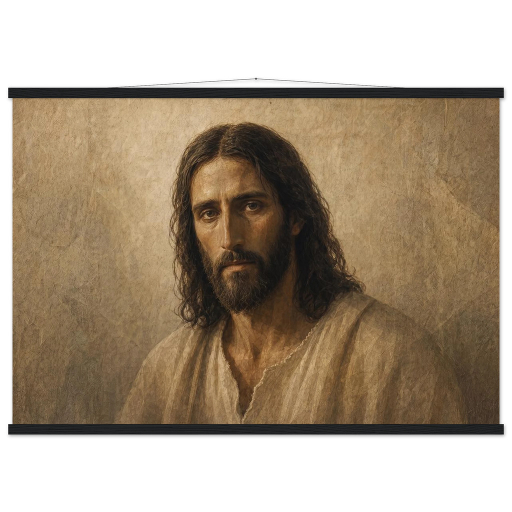 Pôster Kind Eyes com suporte de madeira, retrato sereno de Jesus em luz quente