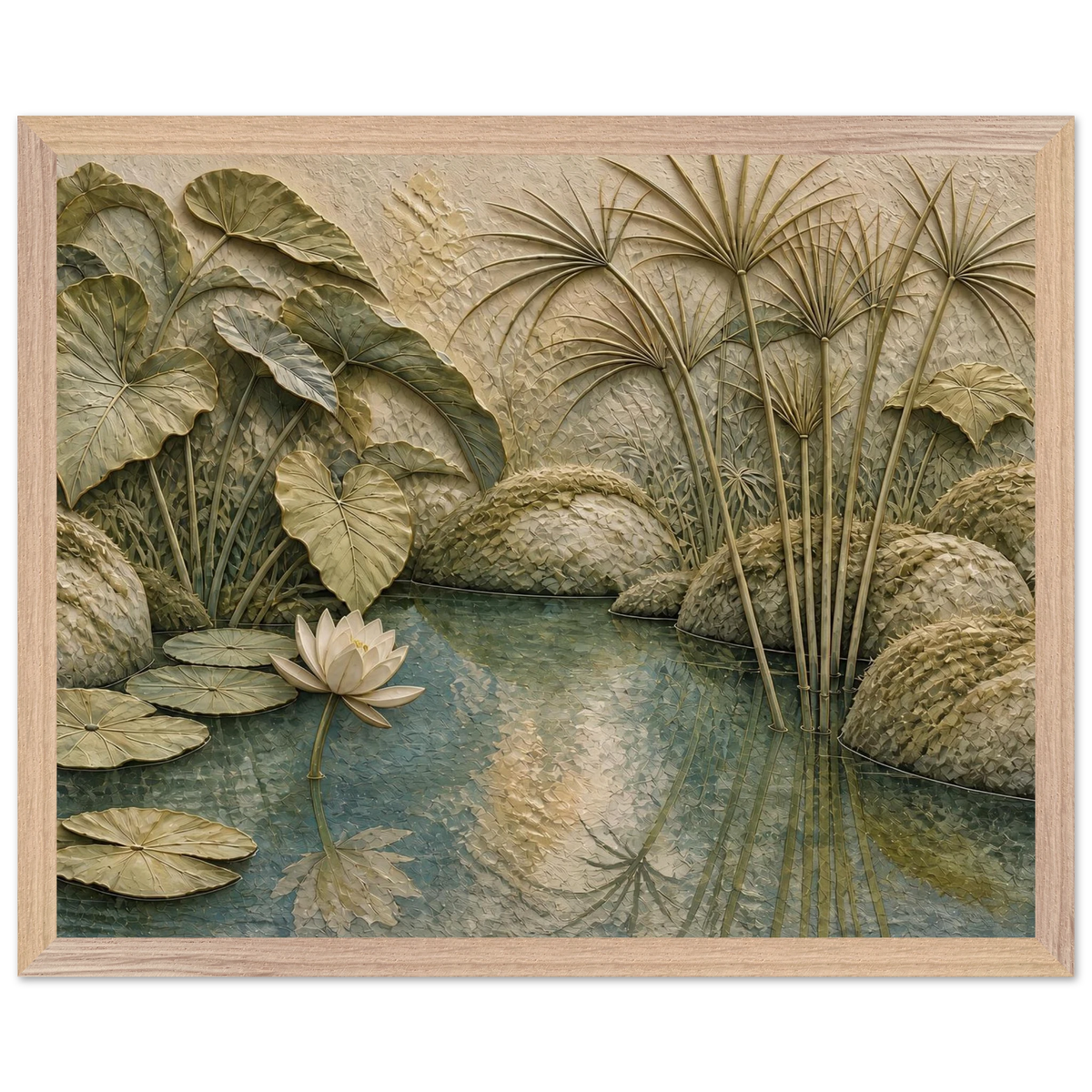 Papyrus Pond, lake, papyrus and serene greens. Archival framed fine art print shown framed.