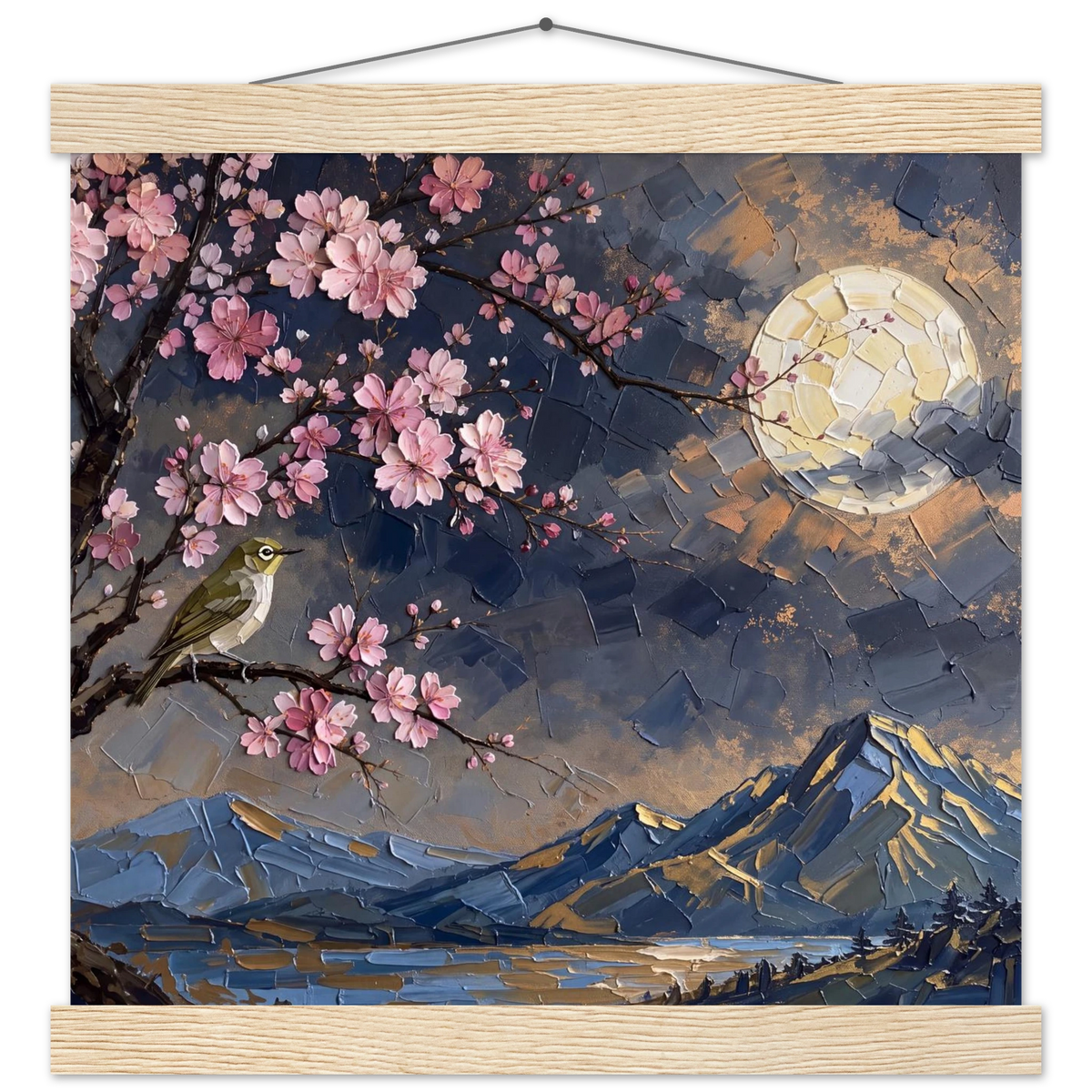 Blossom Moon: cherry blossom, japanese landscape and night. Fine art poster with wooden hanger by The Light Stays.