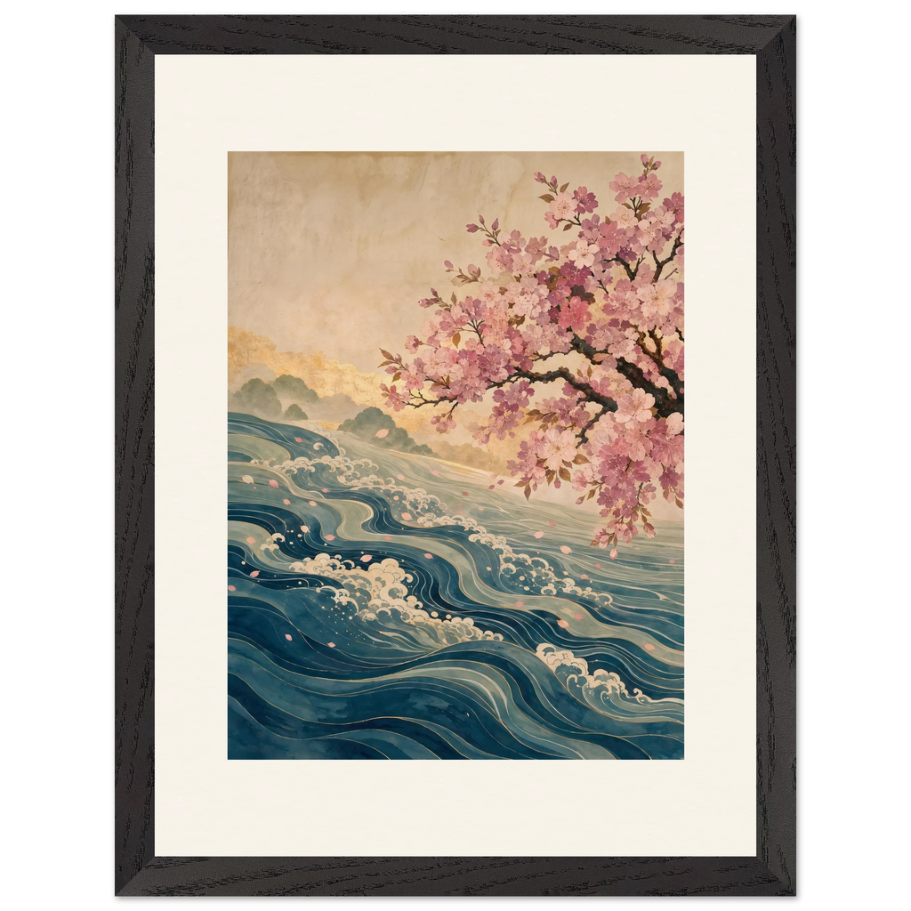Blossom Tide: japanese art, cherry blossom and wave. Framed fine art print.